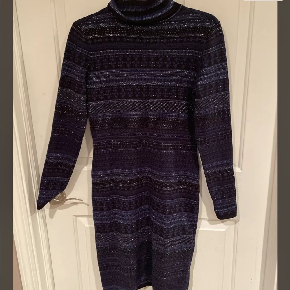 Westport 1962 Sz XS Black Blue Silver Metallic Turtleneck Sweater Dress GUC B99